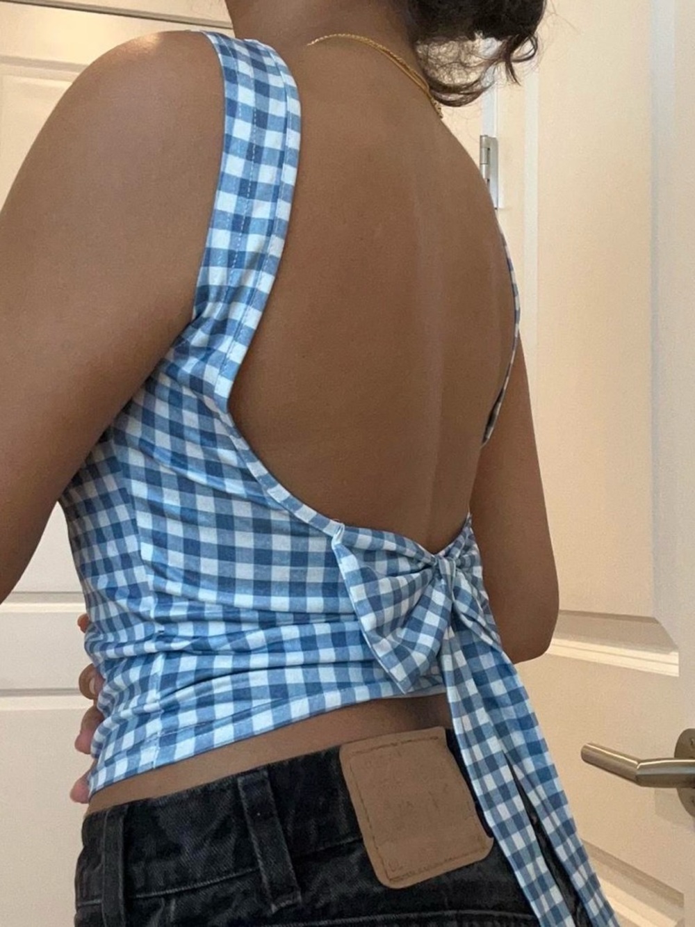 Gingham Boatneck Backless Shirt